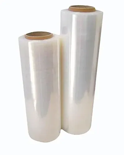 Two rolls of clear stretch film on cardboard cores, one taller than the other, on a white background.